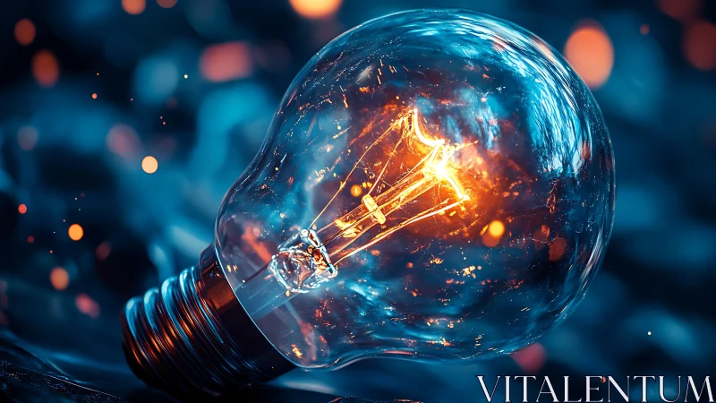 Illuminated light bulb close-up on defocused blue background.