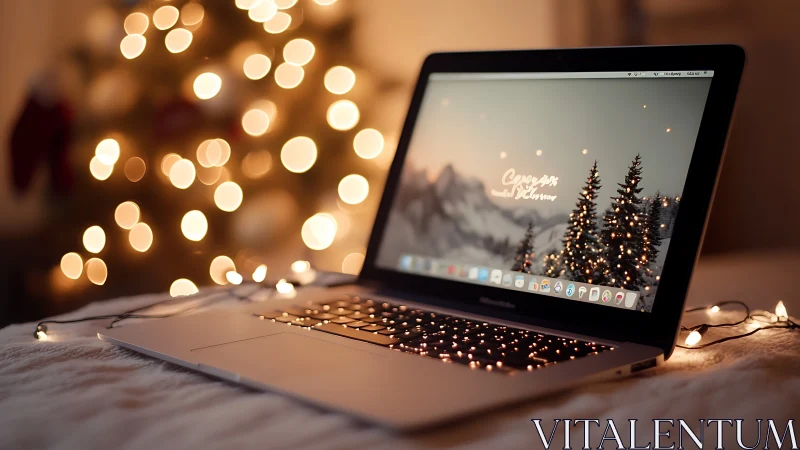 Cozy laptop glows softly amid warm holiday lights at night