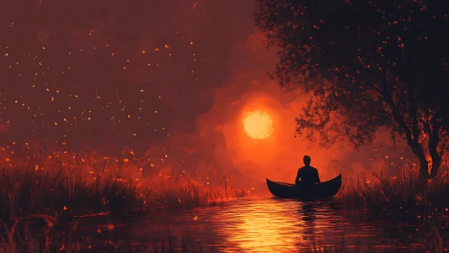 Solitary canoe beneath blazing sunset on ember-lit river.