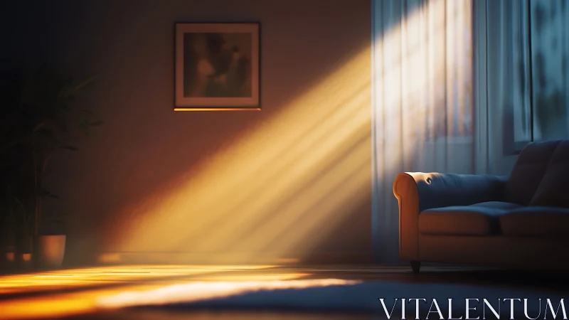 Golden morning sunlight gently filling a cozy living room.