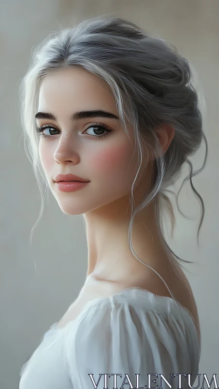 Soft light studies a silver-haired muse in quiet profile