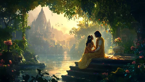 Romantic couple by riverside temple at golden sunset.