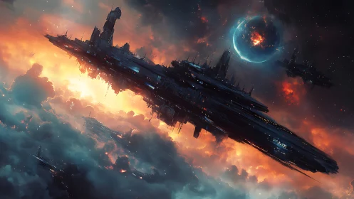 Massive star destroyer cuts across burning nebular cloudscape