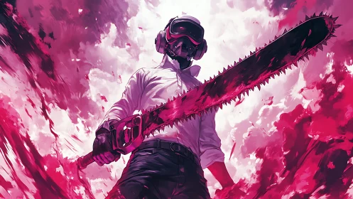Masked fighter holding bloodstained chainsaw in storm