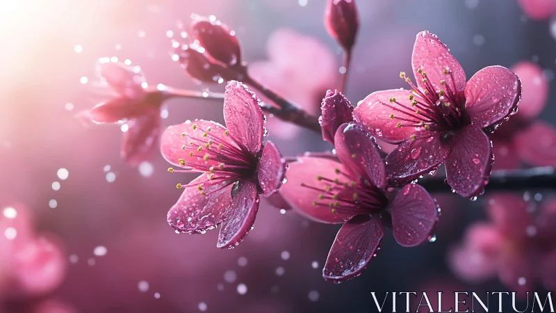 Pink cherry blossom flowers with prismatic water droplets suspended on branching structure.