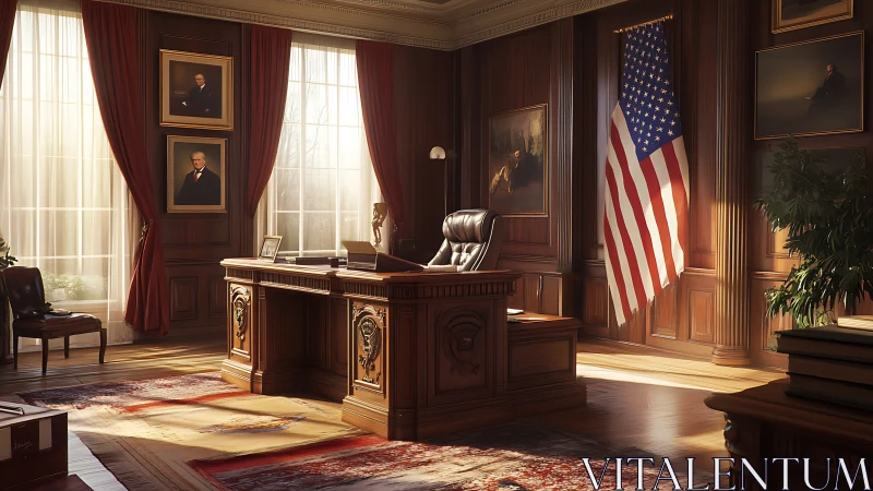 Sunlit presidential desk waits in a hushed ceremonial glow