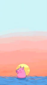 Pink cartoon pig floats on stylized sea at pastel sunset