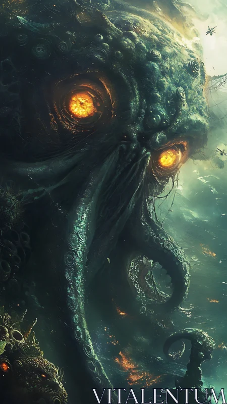 Colossal glowing-eyed sea monster looms from stormy depths.