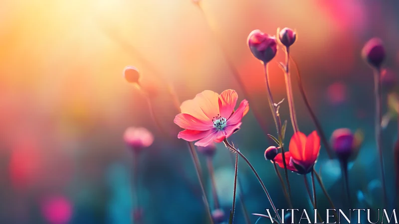 Soft Pink Cosmos Flowers in Golden Sunset Glow.