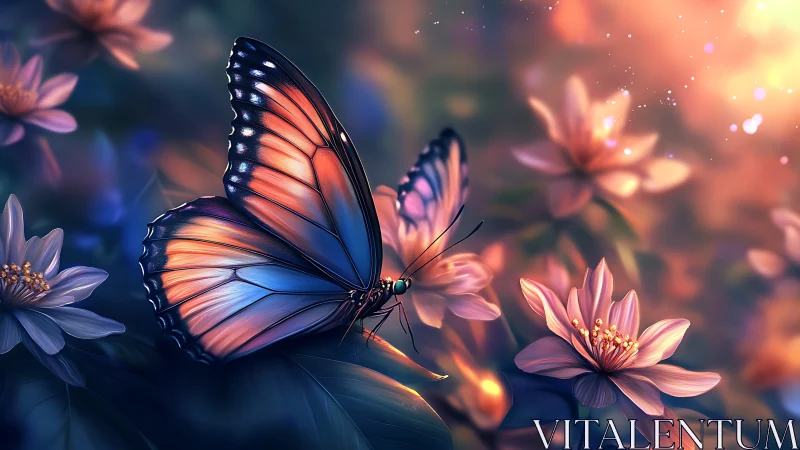 Butterfly with blue and orange wings on soft pink flowers.