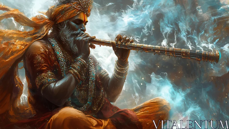 Digital painting of mystic flutist in swirling ethereal energies.