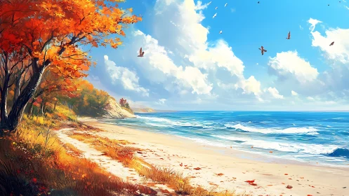 Autumn shoreline with deciduous trees and bright cumulus clouds