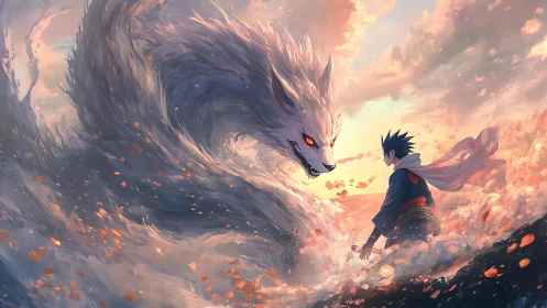 Stormborn fox spirit confronts lone warrior at dusk horizon.
