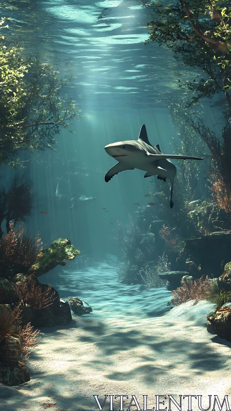 Gentle shark glides through sunlit underwater forest path