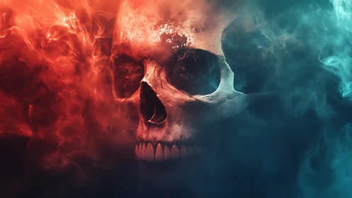 Burning skull emerges through red and blue swirling smoke