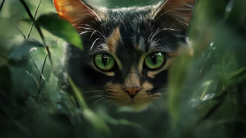 Calico Cat Portrait with Viridian Eyes Among Verdant Foliage