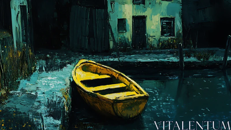 Nocturnal canal study with distressed yellow rowboat focus.