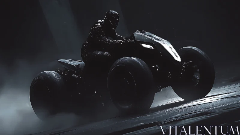 Futuristic quad bike rider in dramatic low key light.