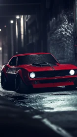 Midnight red muscle car resting in a rain-slick city alley.