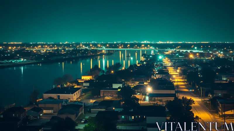 Riverfront city nightscape shows teal sky and golden lights