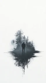 Minimalist digital painting of solitary figure and mirrored forest.