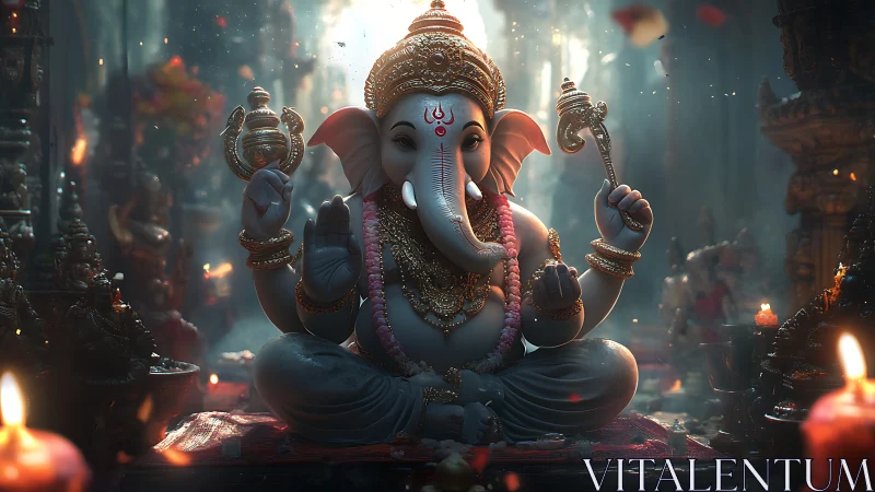 Highly detailed Ganesha idol rendered with volumetric temple lighting