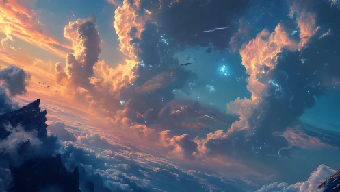 Astrophysical cloudscape merges nebular sky with tilted cliffs