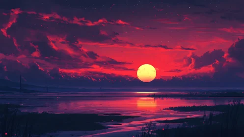 Crimson horizon sun melts over neon-tinted dreamwater bay.