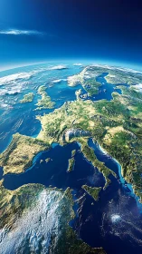 Sunlit European coastline arcs above sapphire Mediterranean.