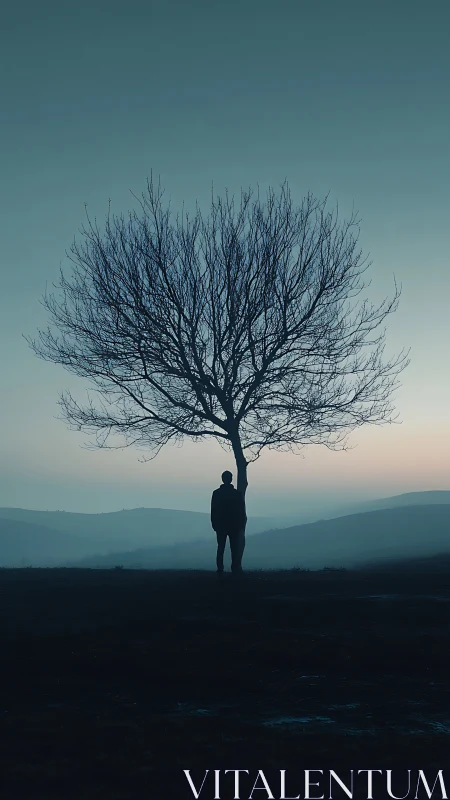 Silhouetted person stands under bare tree at dusk on hillside