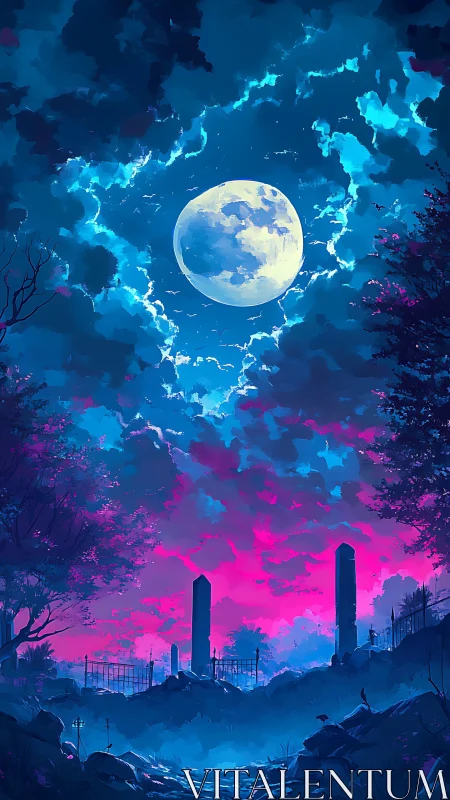 Moonlit dreamscape over a quiet, mysterious valley at dusk.