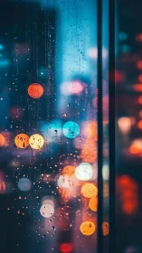 Rainy city lights glowing softly beyond a misty window.
