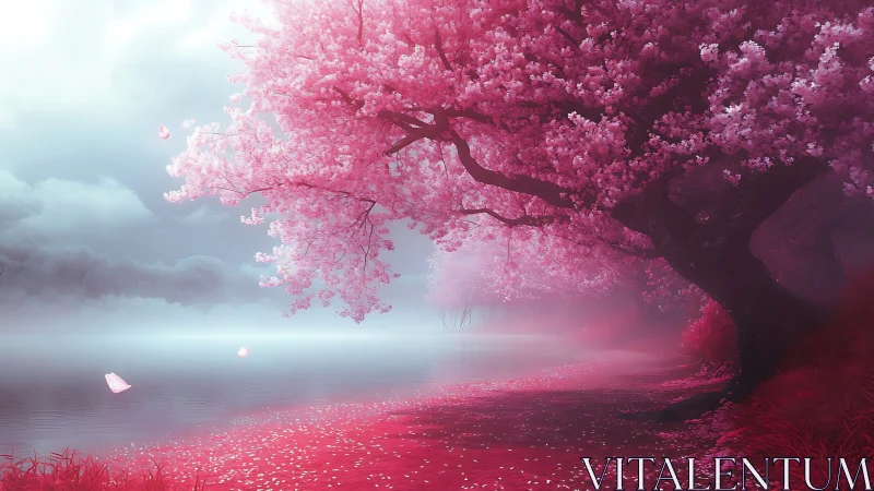 Whispers of pink blossoms beside a misty, dreaming lake.