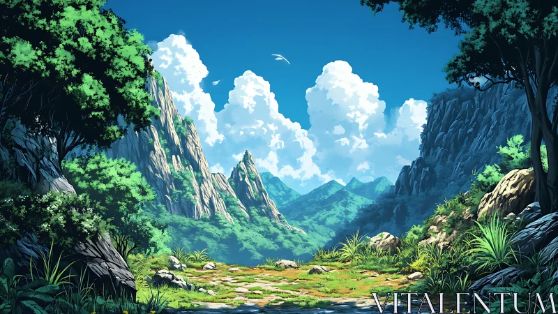 Mountain valley landscape shows layered peaks and dense foliage