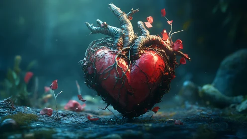 Biomechanical Heart with Spiraling Tendrils in Bioluminescent Aquatic Environment