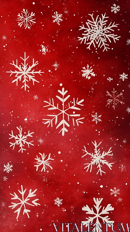 White snowflake pattern drifts across textured red background