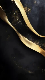 Gold metallic ribbons curve over dark textured background.