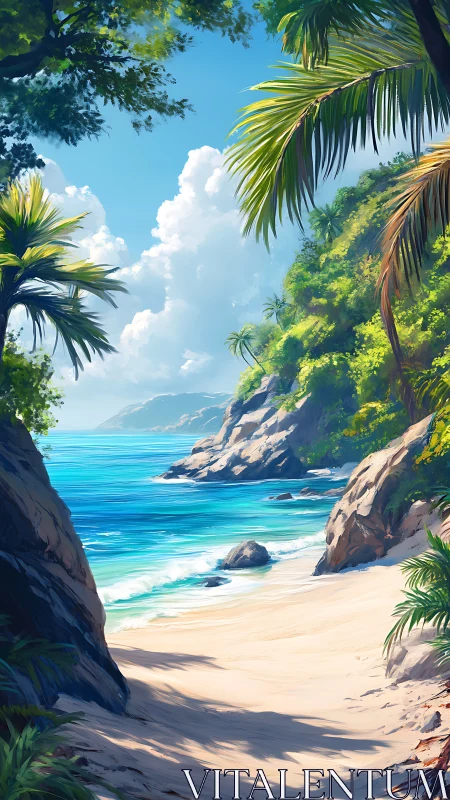 Tropical Coastal Cove: Digital Landscape Rendering with Layered Depth.