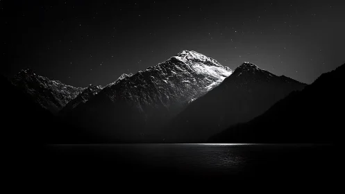 Moonlit mountain hush beneath a quiet scatter of stars.