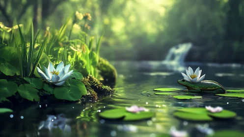Frog on reflective lily pads in shallow stream with depth-of-field bokeh