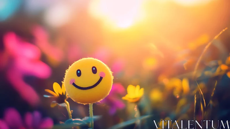 Sunlit smiley blossom beaming through dreamy garden haze.