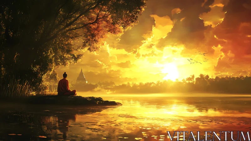 Golden riverside meditation beneath a glowing sunrise sky.