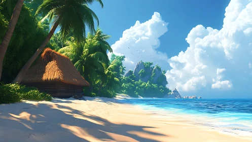 Tropical coastal structure with thatch roof situated on sandy beach