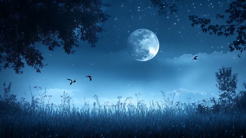 Luminous full moon above silhouetted meadow with layered nocturnal haze