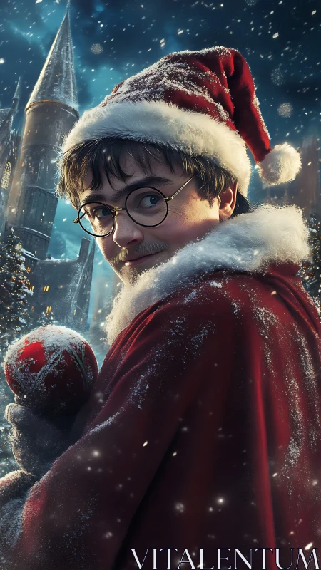 Young wizard in Santa cloak under snowy night sky