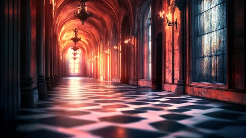 Luminous Cathedral Corridor Glowing With Warm Majesty