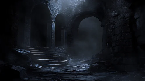 Dark stone dungeon corridor with arches and stairway.