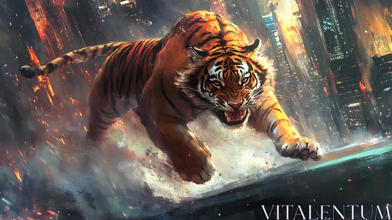Kinetic cyber-metropolitan tiger sprinting through burning cityscape.