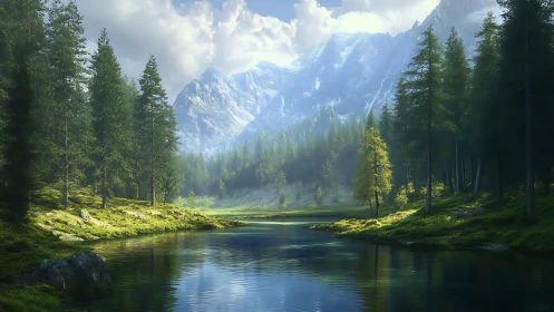 Sunlit mountain lake rests quietly among evergreen forest