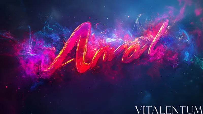 Neon Amal lettering glows inside vibrant cosmic smoke